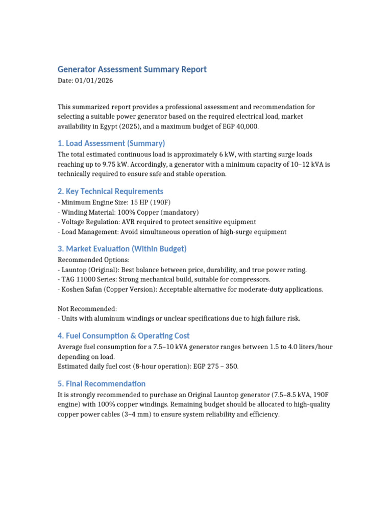 Generator Short Professional Report | PDF