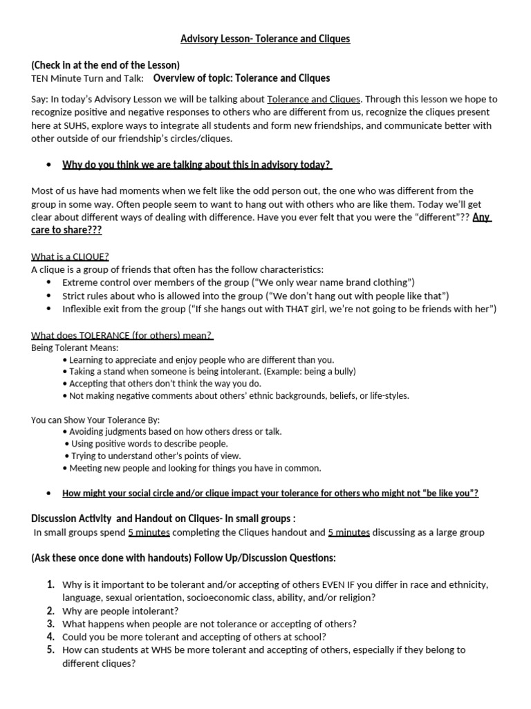 Advisory Lesson - Tolerance & Cliques | PDF | Behavioural Sciences ...