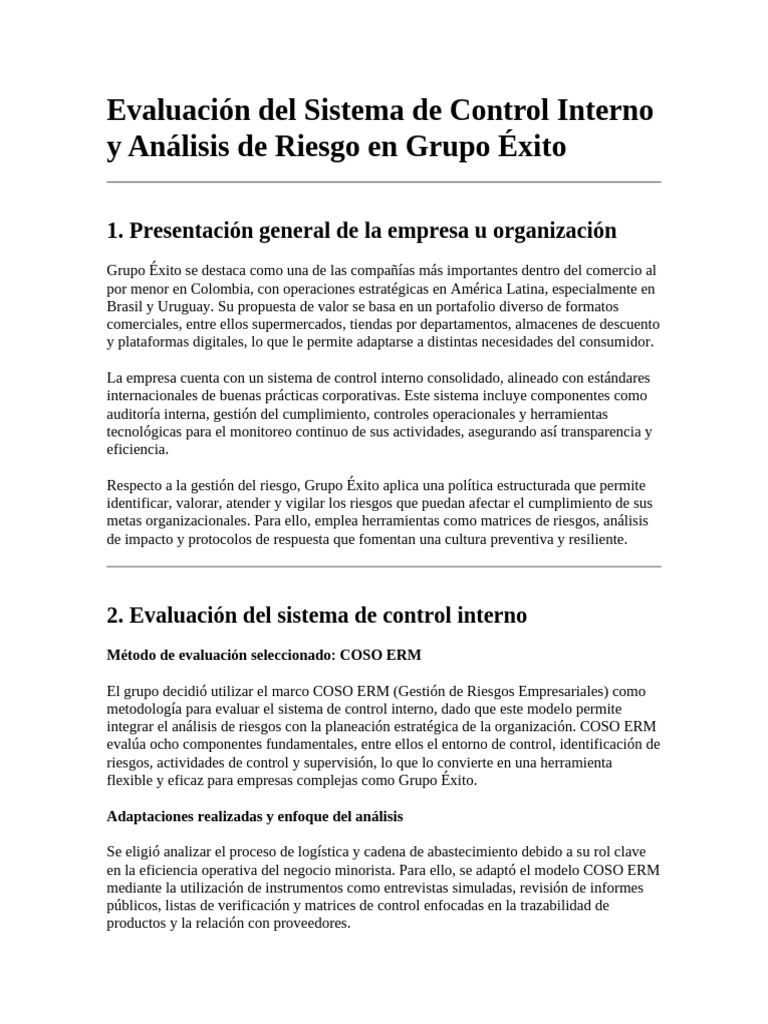 Evaluación Del Sistema de Control Interno y Análisis de Riesgo en Grupo ...