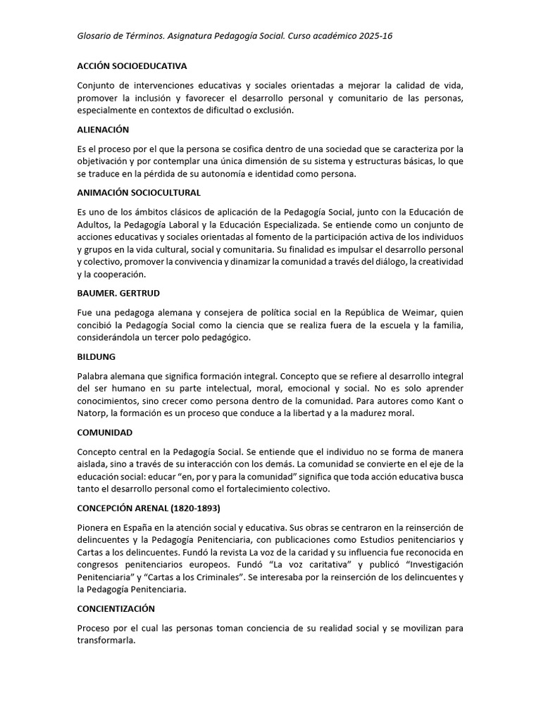 GLOSARIO PS 2025-26 Pedag | PDF | Pedagogía | Educación en artes liberales