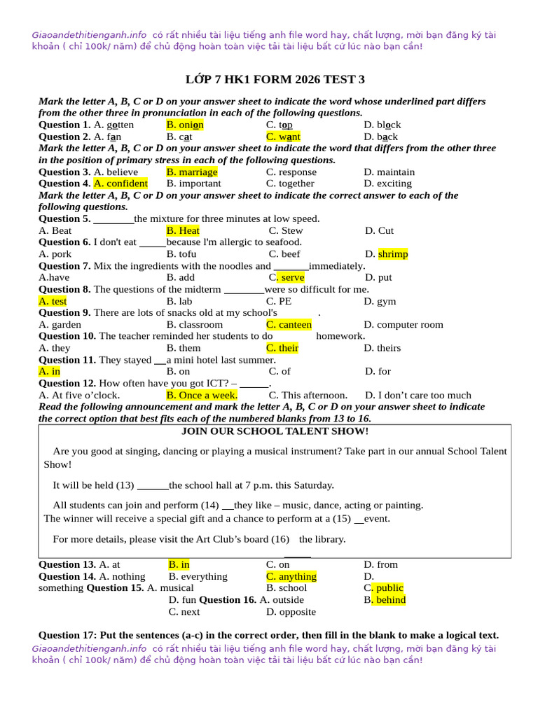 L P 7 HK1 Form 2026 Test 3 Key | PDF | Vietnamese Cuisine | Taste