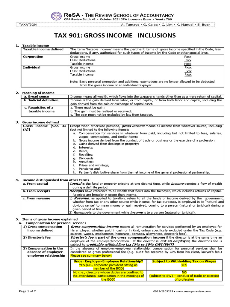 TAX 901 Gross Income Inclusions | PDF | Gross Income | Dividend
