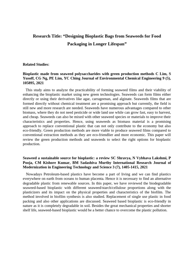 Designing Bioplastic Bags From Seaweeds for Food Packaging in Longer ...