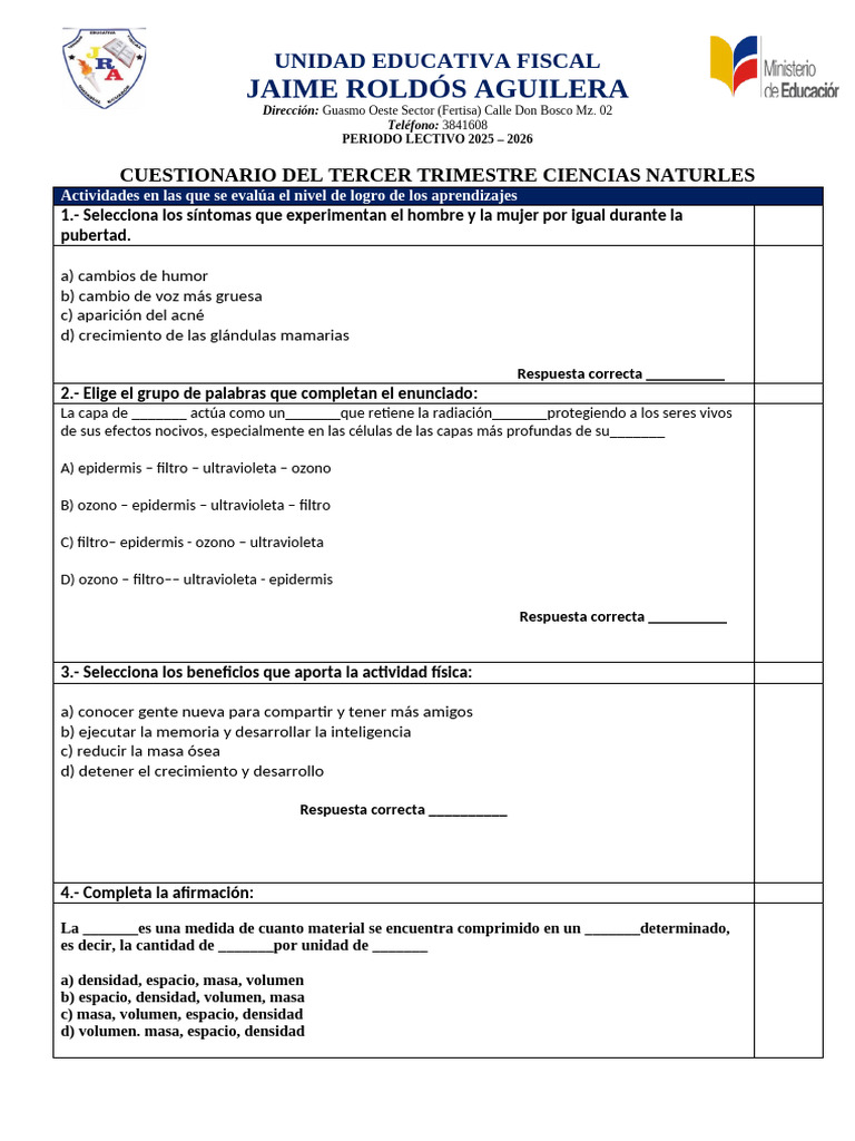 Cuestionario de CN 3er T 2025 | PDF