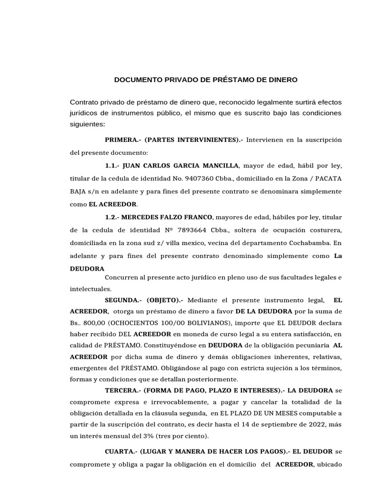 Contrato Prestamo de Dinero Mercedez | PDF | Pagos