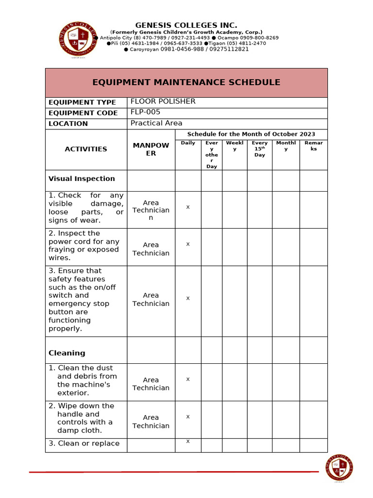 Equipment Maintenance Schedule | PDF | Mechanical Engineering