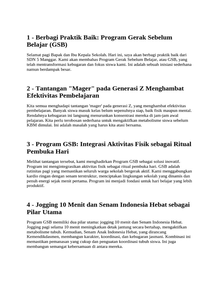 1 - Berbagi Praktik Baik Program Gerak Sebelum Belajar (GSB) | PDF