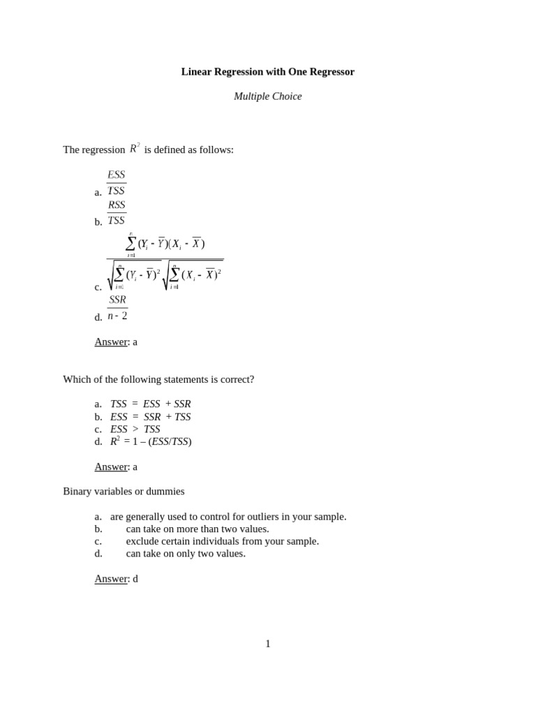 Multiple Choice: Linear Regression With One Regressor | PDF | Errors ...