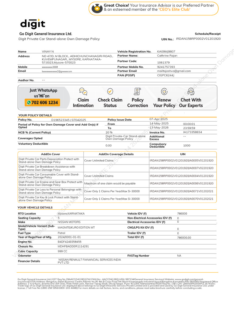 D196523345 Own Damage Policy 1 | PDF | Insurance | Liability Insurance
