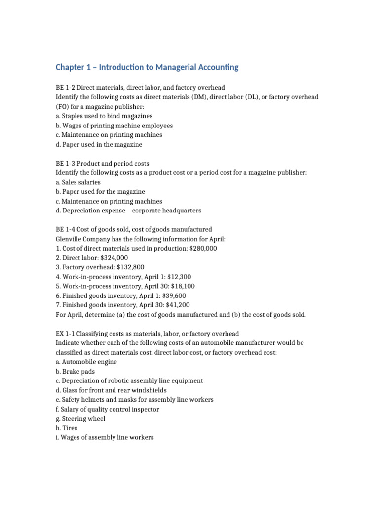 Chapter 1 Managerial Accounting Exercises | PDF | Cost Of Goods Sold ...
