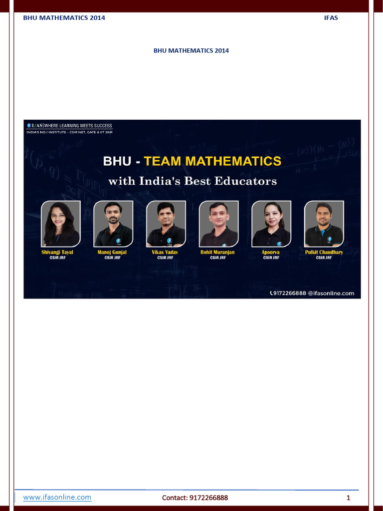 BHU Mathematics 2014 | PDF | Differential Geometry | Mathematical Concepts