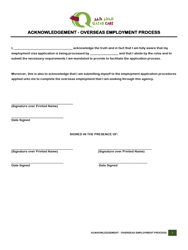 QC-HR-026 V2 Acknowledgement Overseas Employment Process | PDF