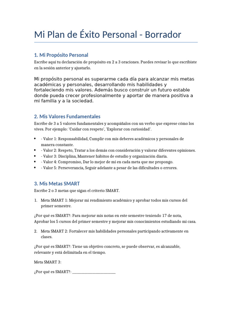 Plantilla Plan de Exito Personal Hecho | PDF