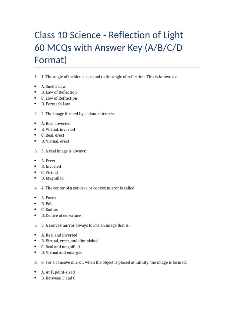 Reflection of Light 60 MCQs Class10 Formatted FULL | PDF | Mirror | Optics