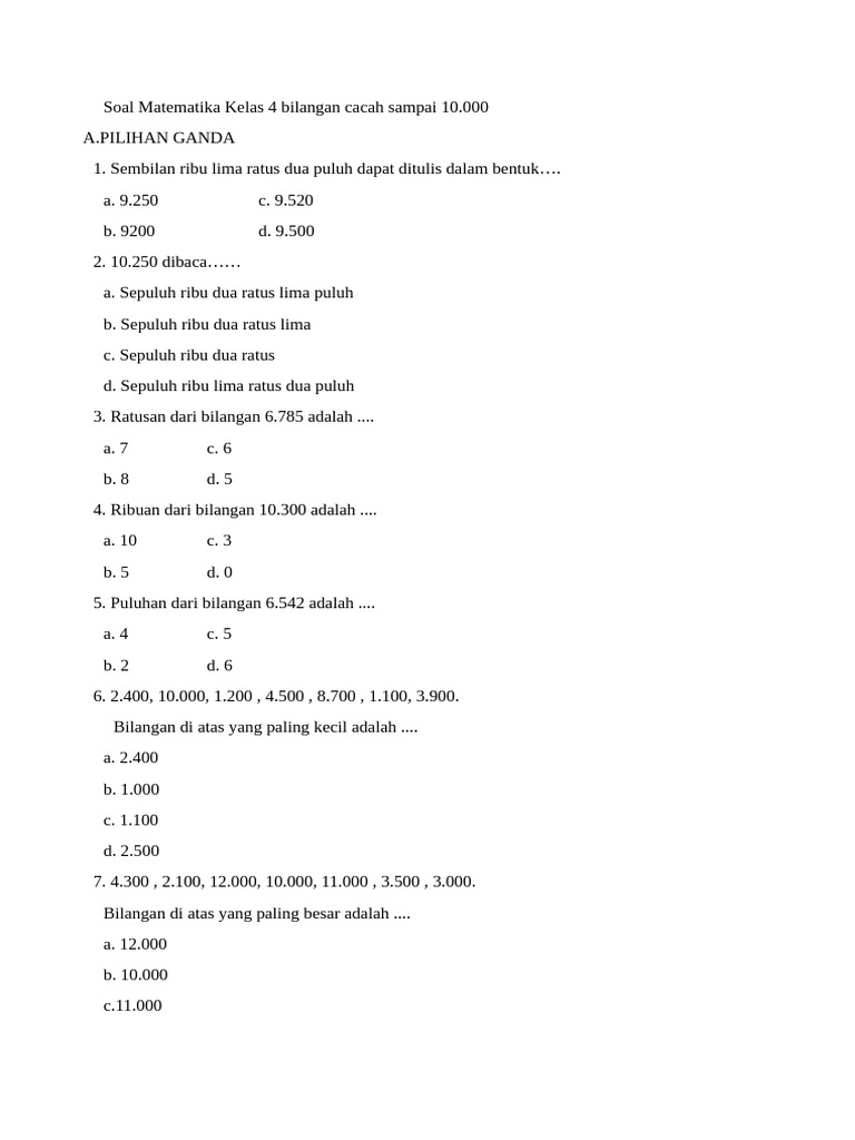 Soal Matematika Kelas 4 Bilangan Cacah Sampai 10 | PDF