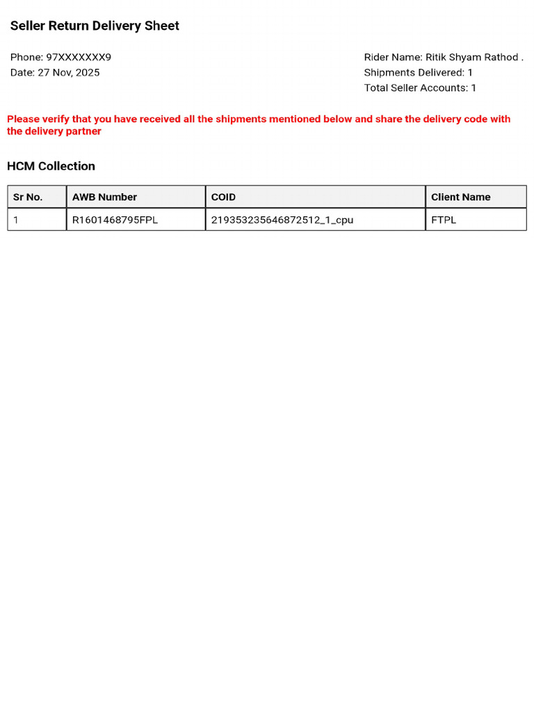 Seller Return Delivery Sheet | PDF
