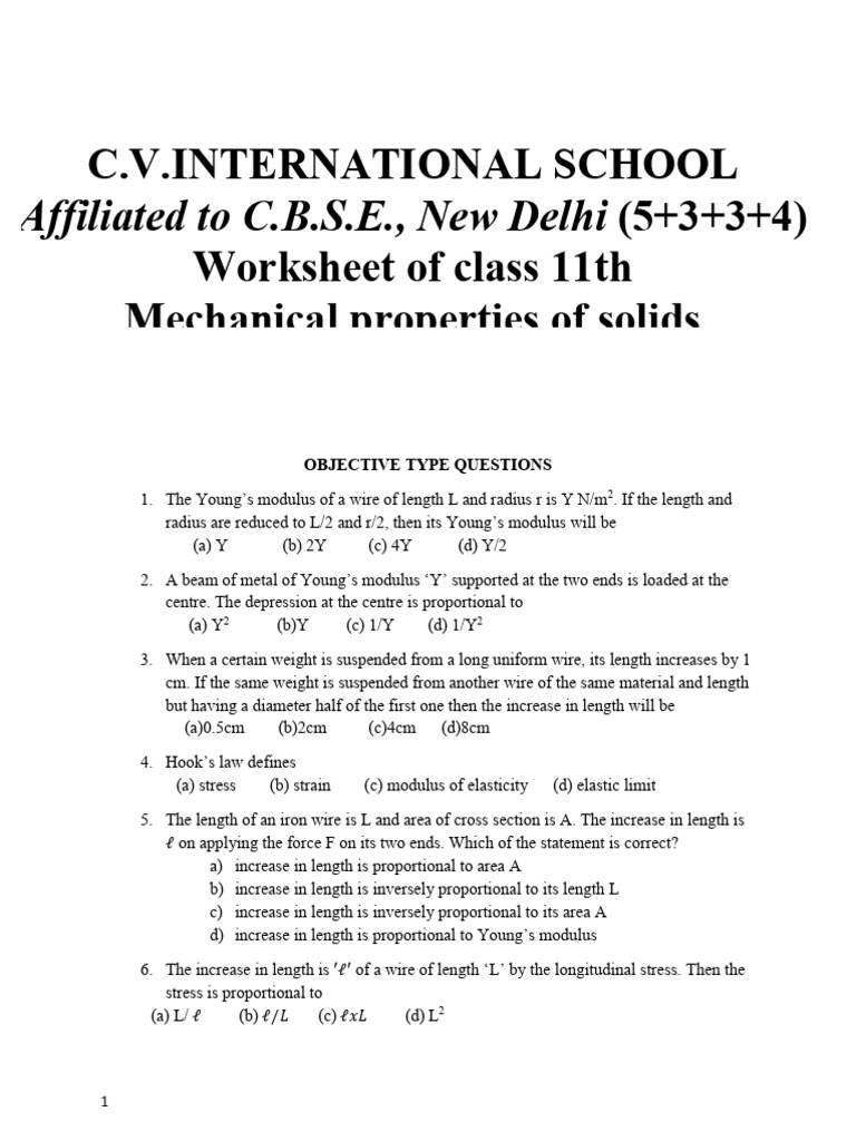 Class Xi Physics Mechanical Properties of Solids Ws Vipina | PDF ...