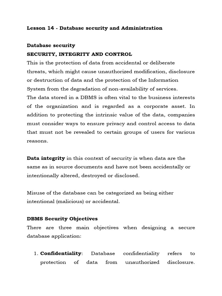 Lesson 14 - Database Security and Administration I | PDF | Databases ...