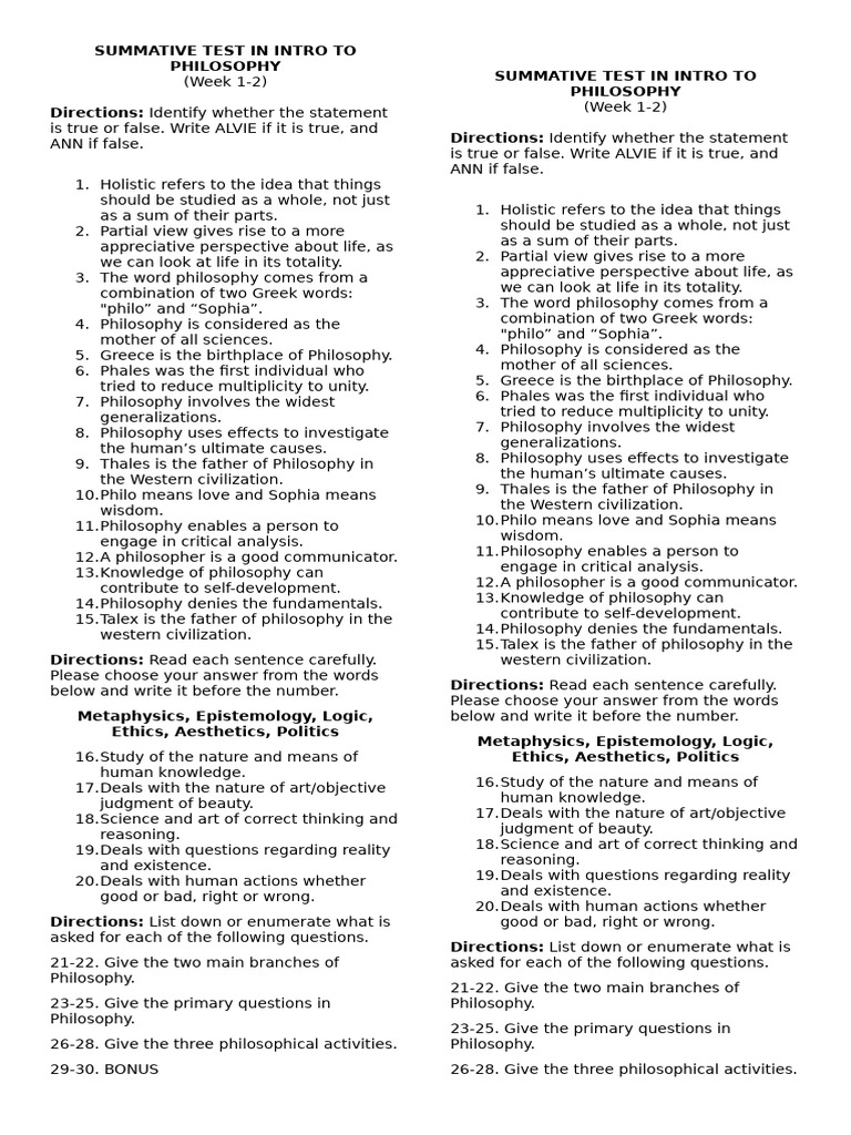 2024, 1st Summative in Intro to Philo | PDF | Liberal Arts Education ...