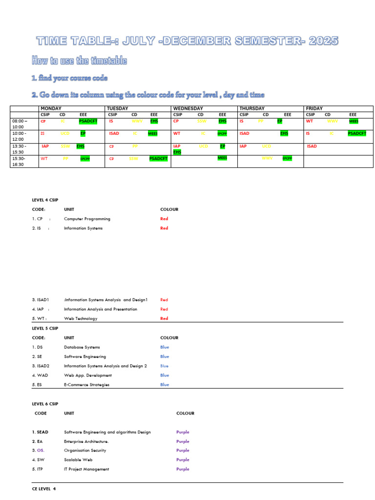 Timetable July Dec Semester Provisional | PDF | Computing | Computer ...