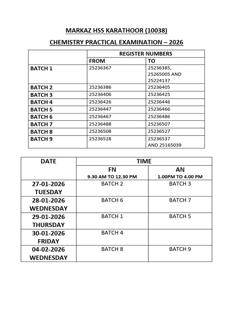 Practical Exam 2026 - CHEMISTRY - Timetable | PDF
