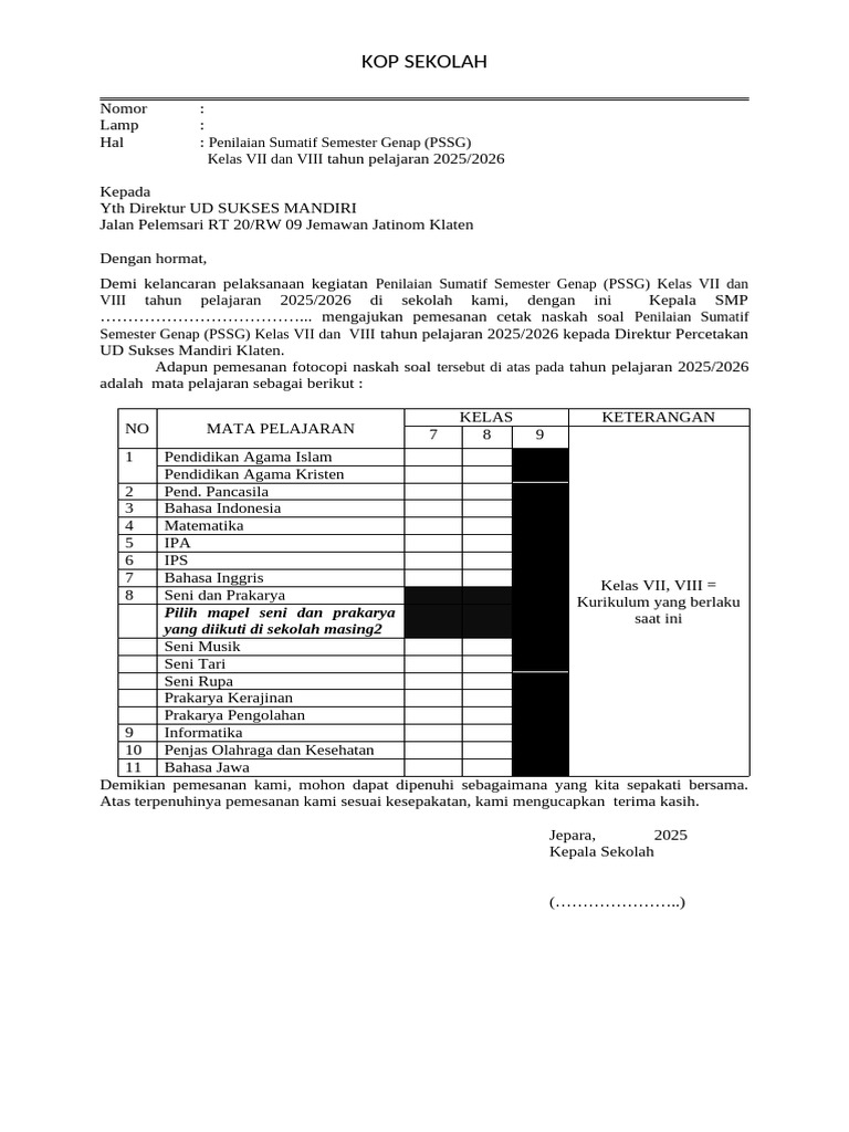 Format Pesanan Soal PSSG Kls 7-8 Tahun 2026 Ke Percetakan | PDF