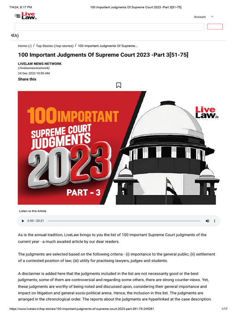 100 Important Judgments of Supreme Court 2023 - Part 3 (51-75) | PDF ...