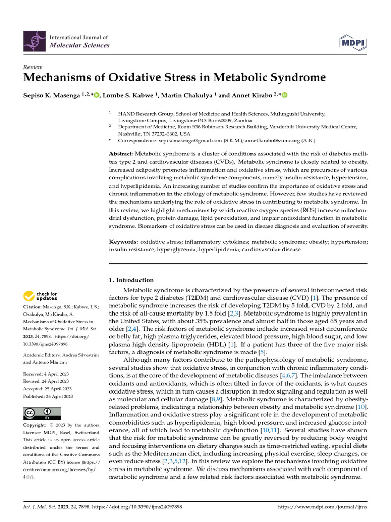 Mechanisms of Oxidative Stress in Metabolic Syndrome | PDF | Metabolic ...