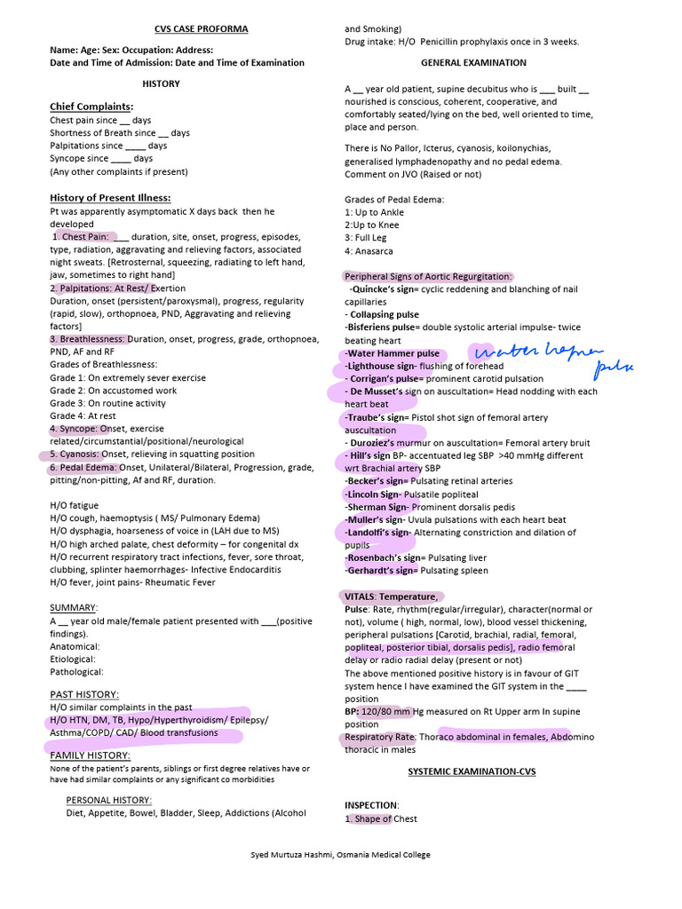 CVS Case Proforma O2A | PDF | Pulse | Heart
