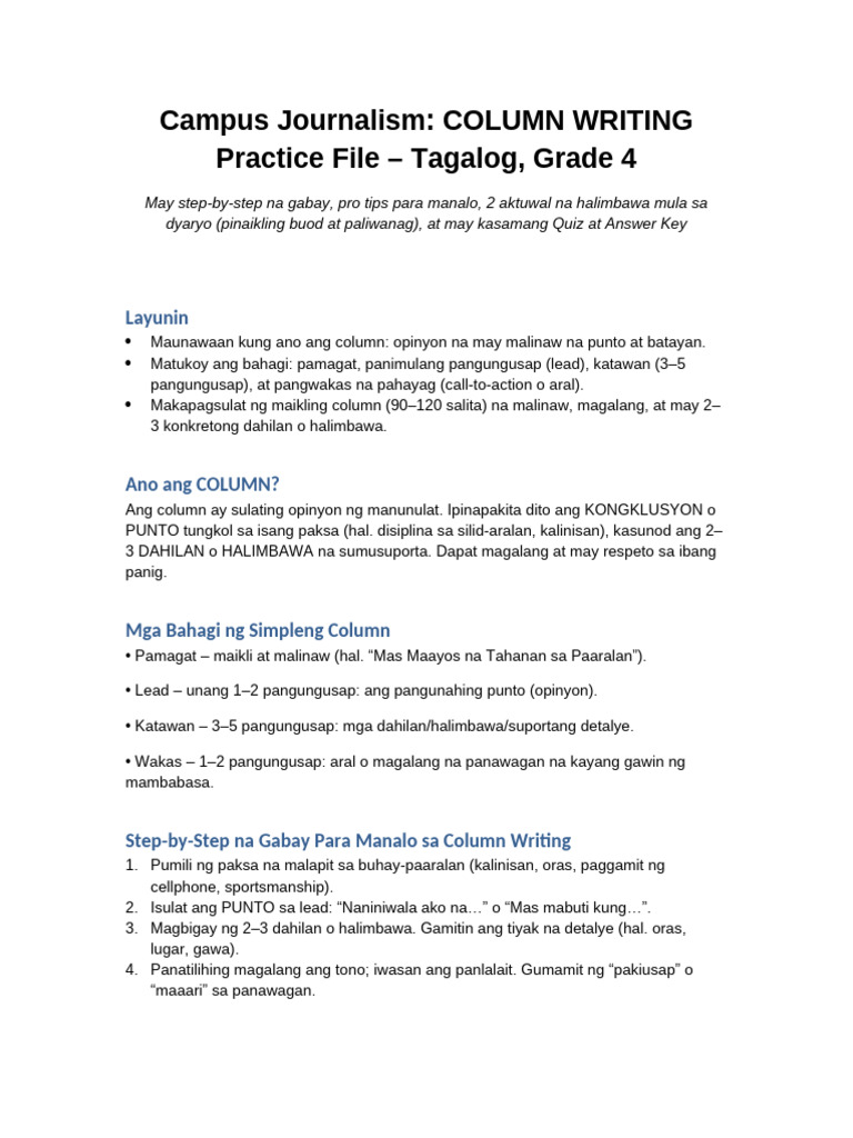 Campus Journalism Column Practice Grade4 Tagalog WithQuiz | PDF