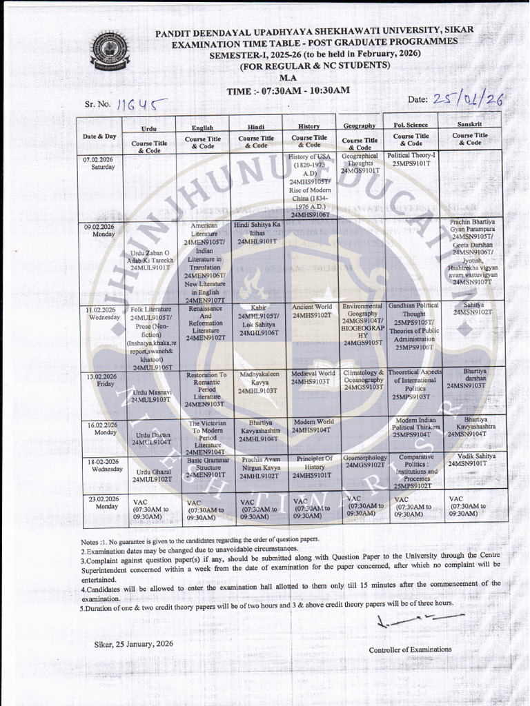 PG 1st Semester Time Table Pdusu by Jhunjhunu Education | PDF