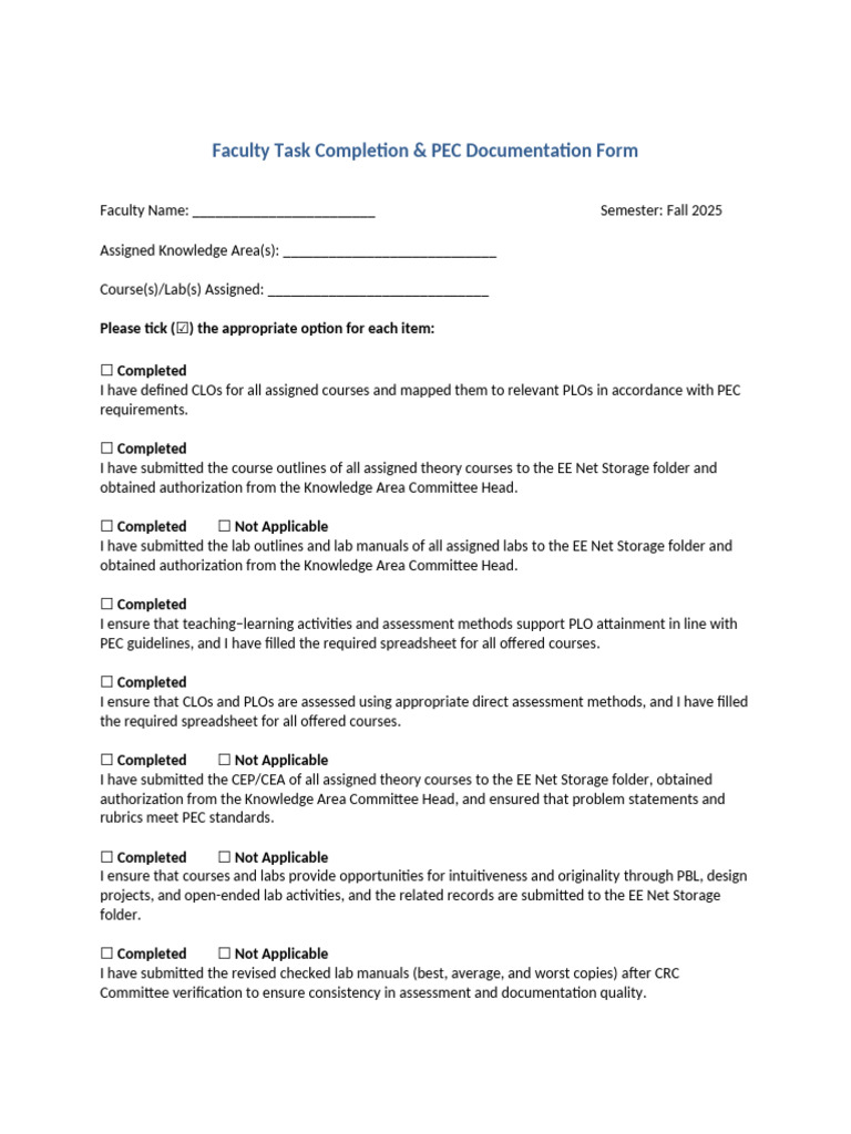 PEC Faculty Checklist Form | PDF