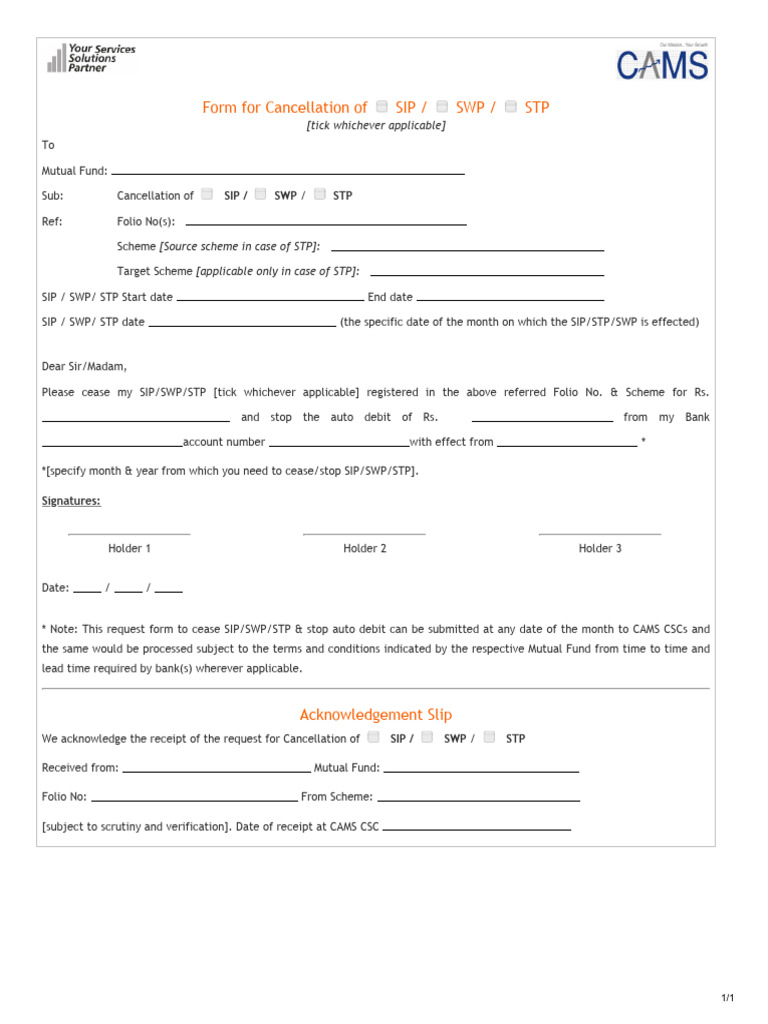 CAMS - Form For Cancellation of SIP - SWP - STP | PDF