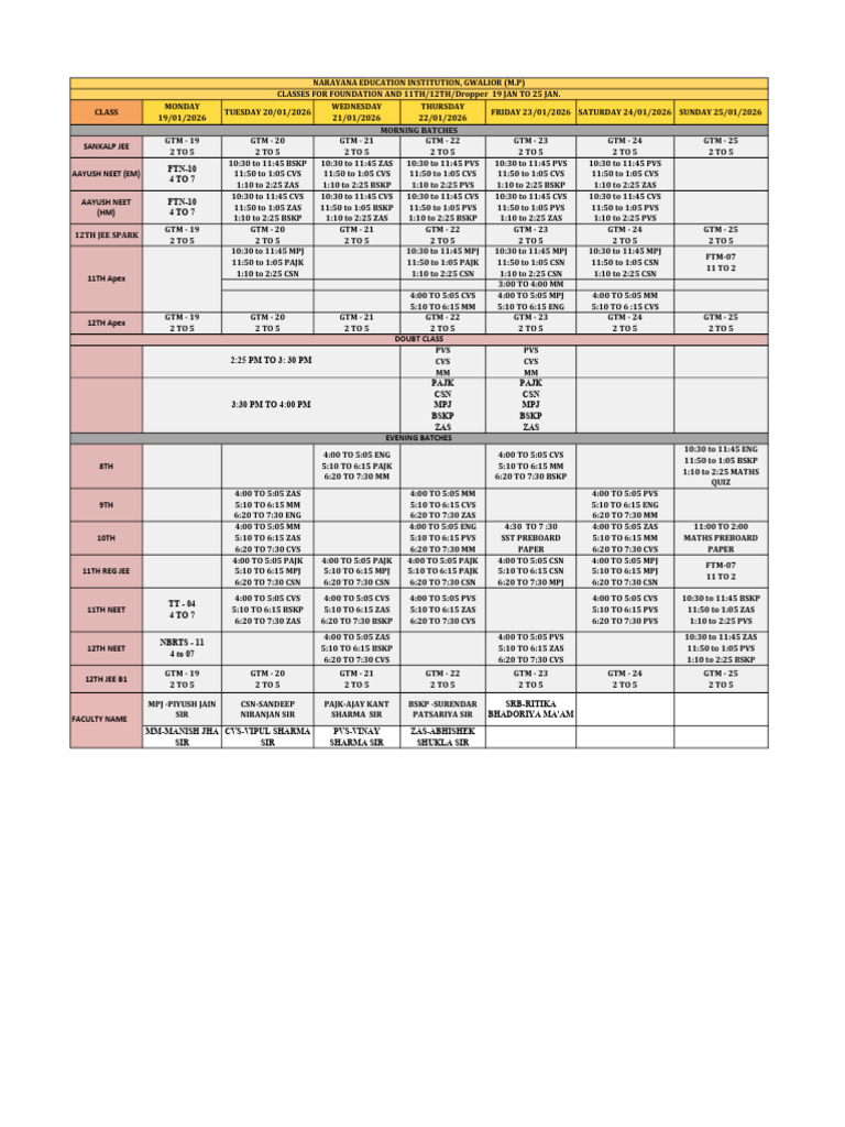 Time Table 19 Jan To 25 Jan 2026 | PDF