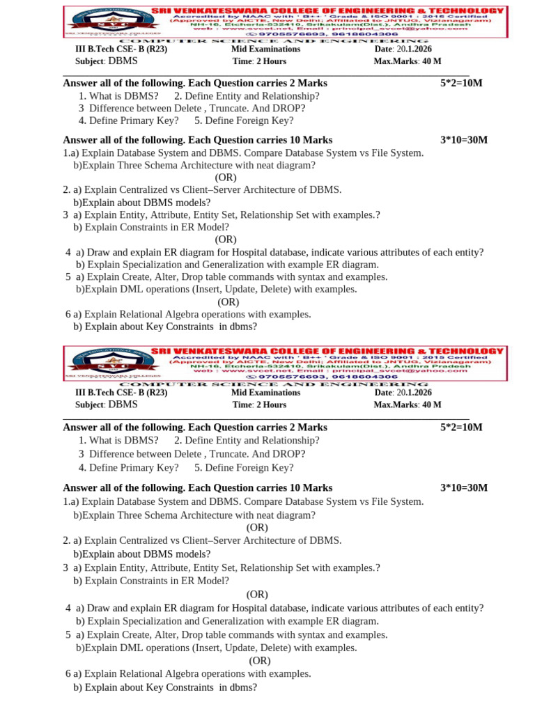 DBMS MID-1 QP CSE - Suresh | PDF | Databases | Computer Data