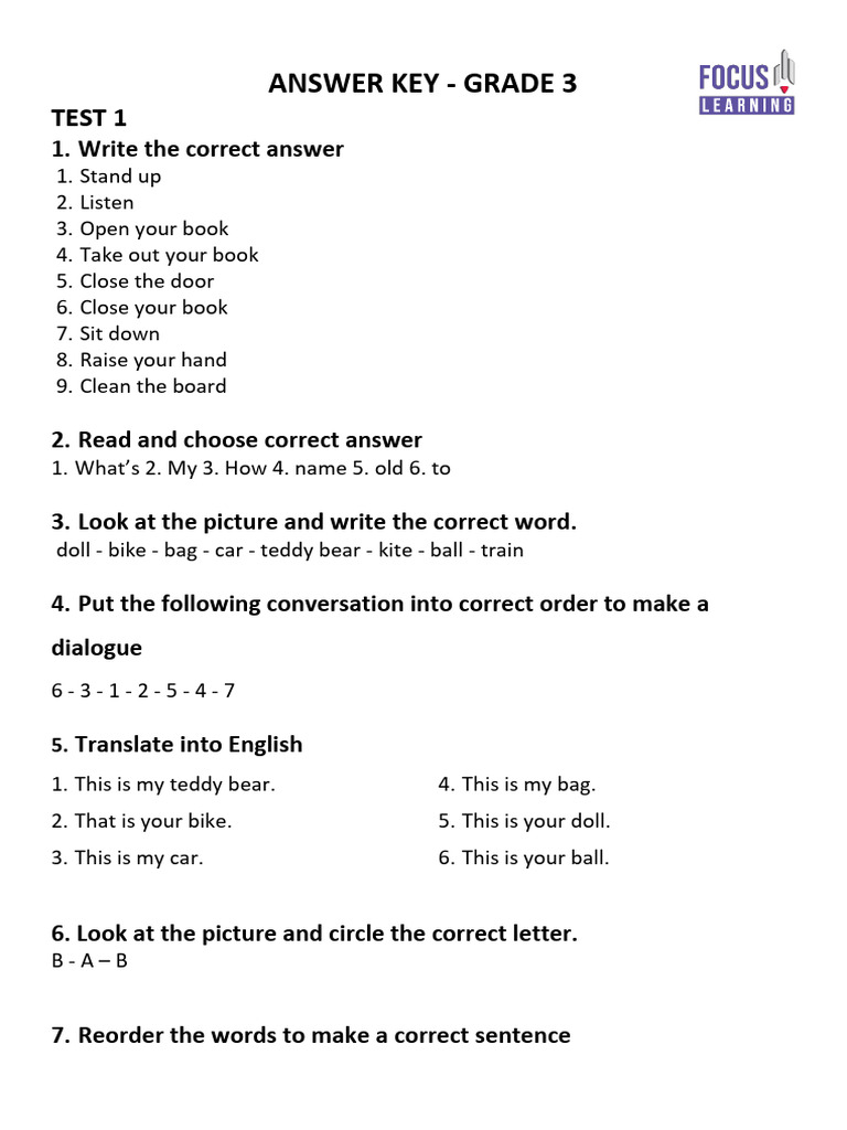Grade 3 - Lesson 1 Tests Keys | PDF