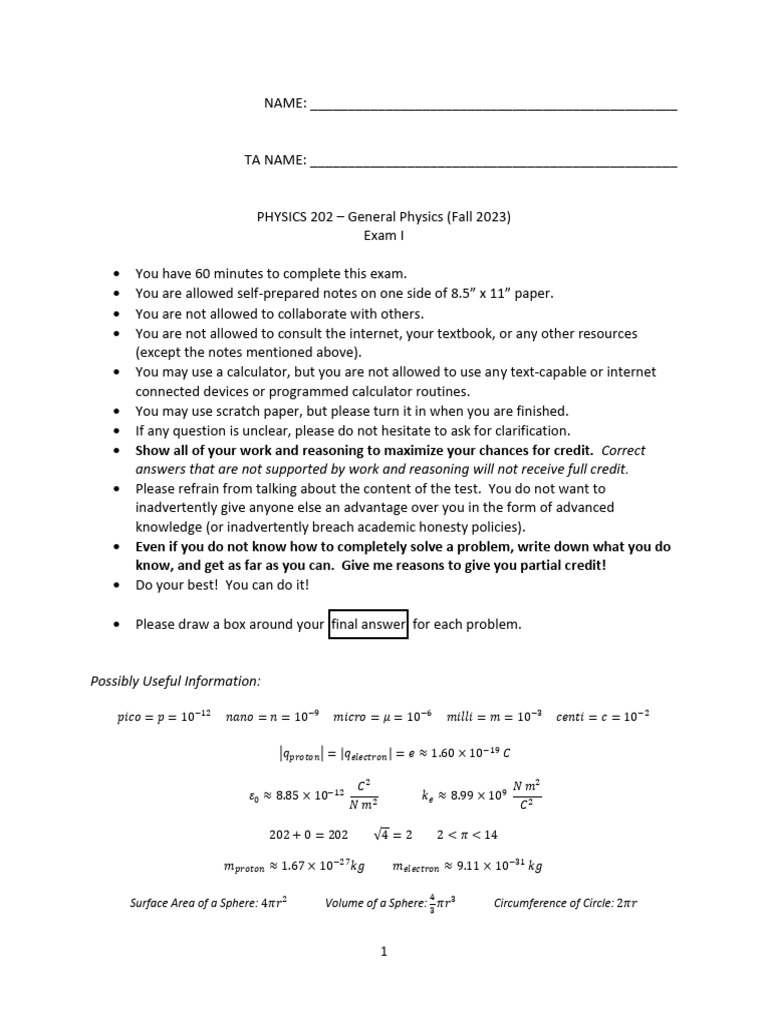 Solutions - Exam I - Phy 202 - Fall 2023 | PDF | Physical Phenomena ...