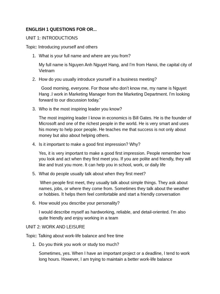 English 1 Questions For or | PDF