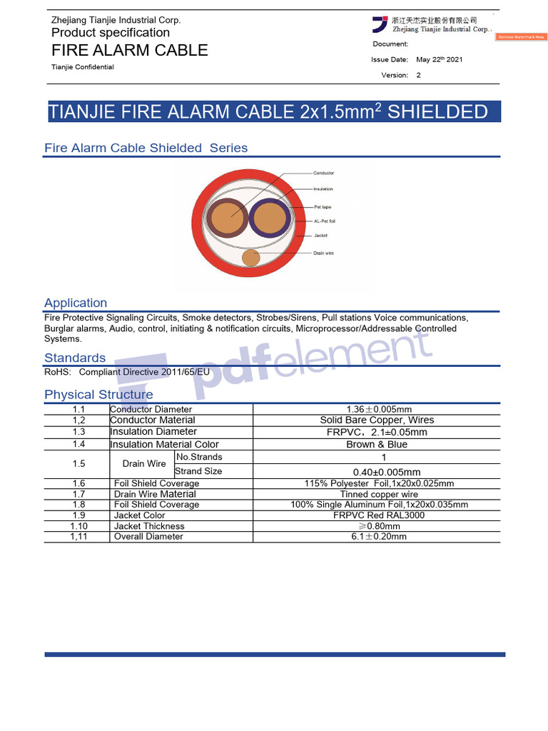 A.tianjie Shielded Fire Alarm Cable 1.5mm2x2C SOLID PVC - Datasheet ...