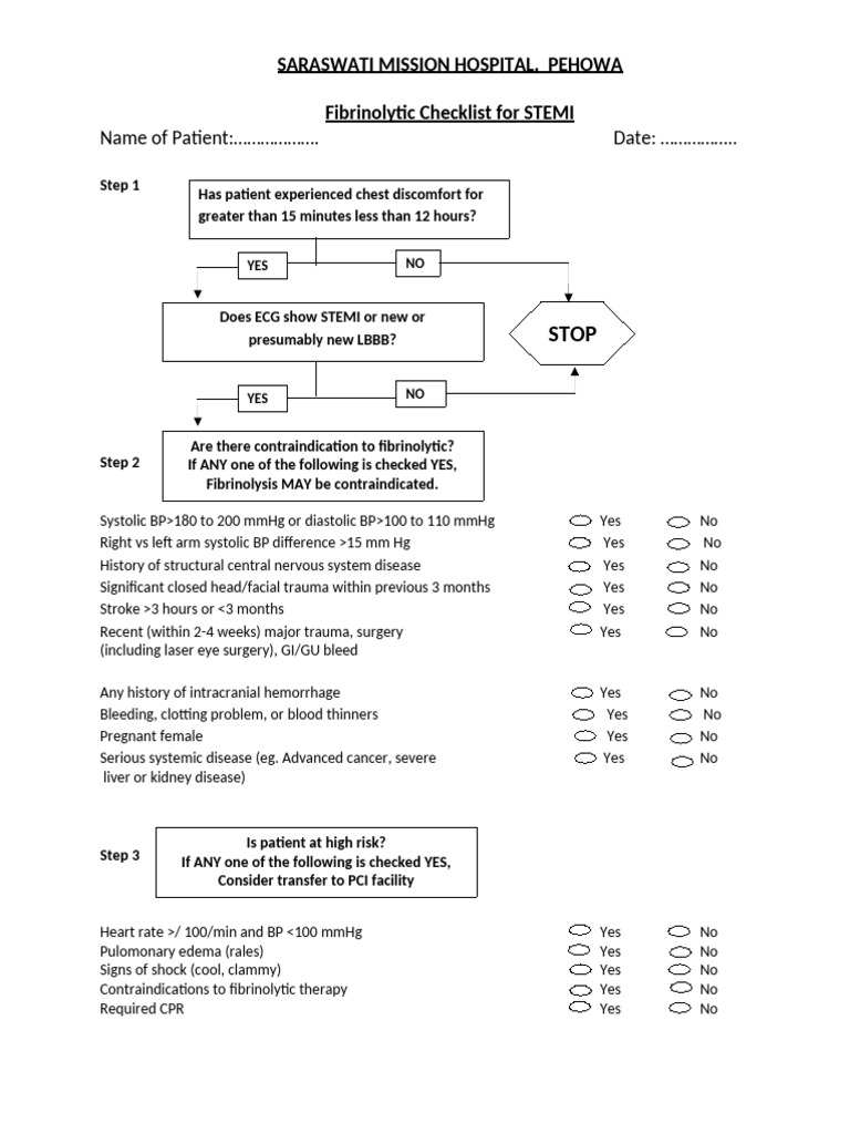 Fibrinolytic Checklist For STEMI | PDF