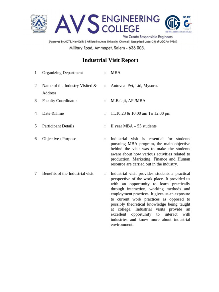 MBA - Industrial Visit Report Autovea PVT LTD | PDF