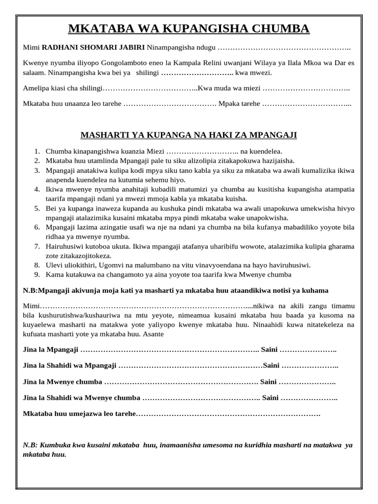 Mkataba Wa Kupangisha Chumba Eneo Gongo La Mboto | PDF