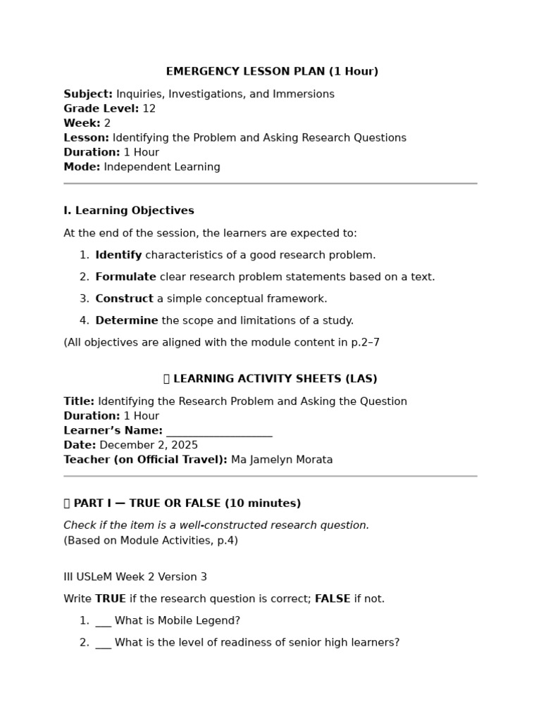 EMERGENCY LESSON PLAN - December2 | PDF | Cognition | Learning