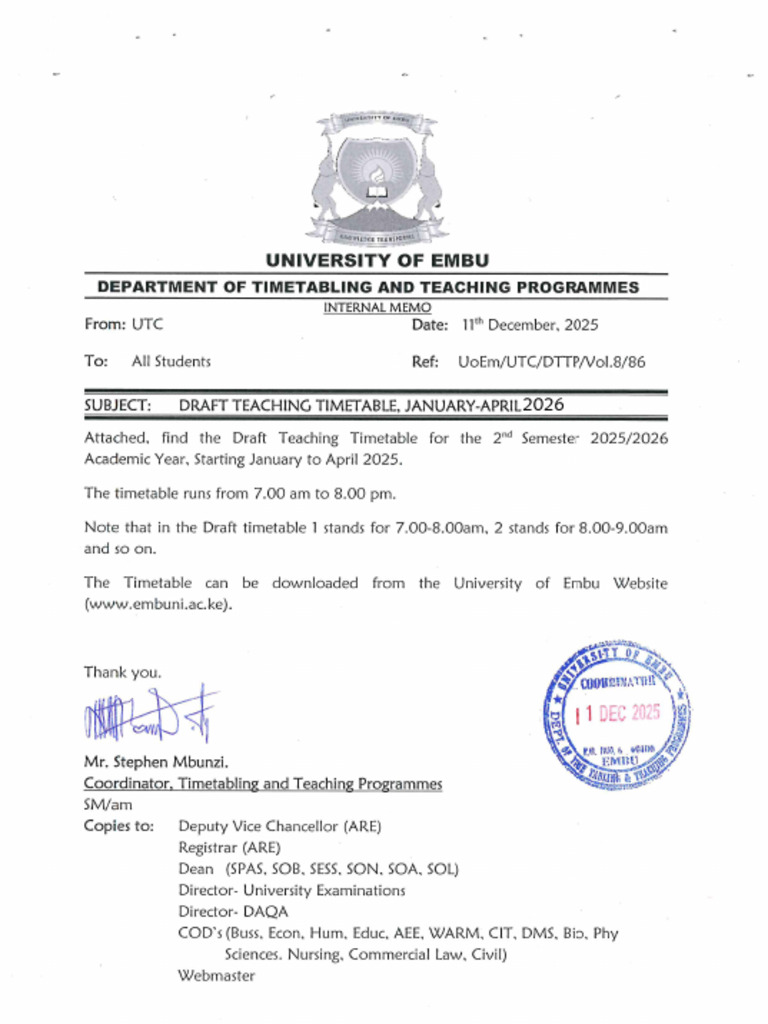 Draft Teaching Timetable, January-April 2026 | PDF