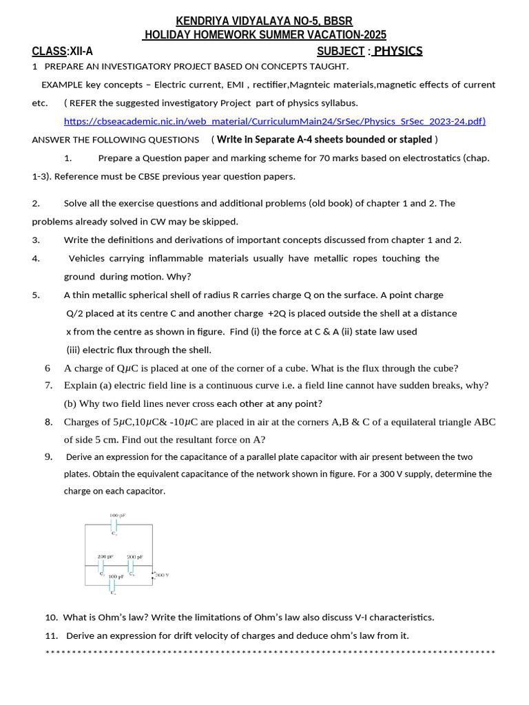 Holiday HW 2025 XII Summer | PDF | Capacitance | Capacitor