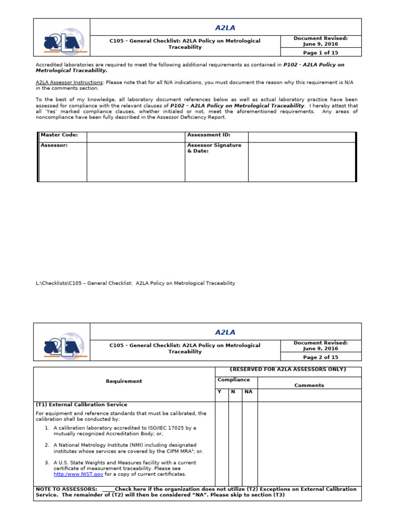 C105 - General Checklist A2LA Policy On Metrological Traceability | PDF ...