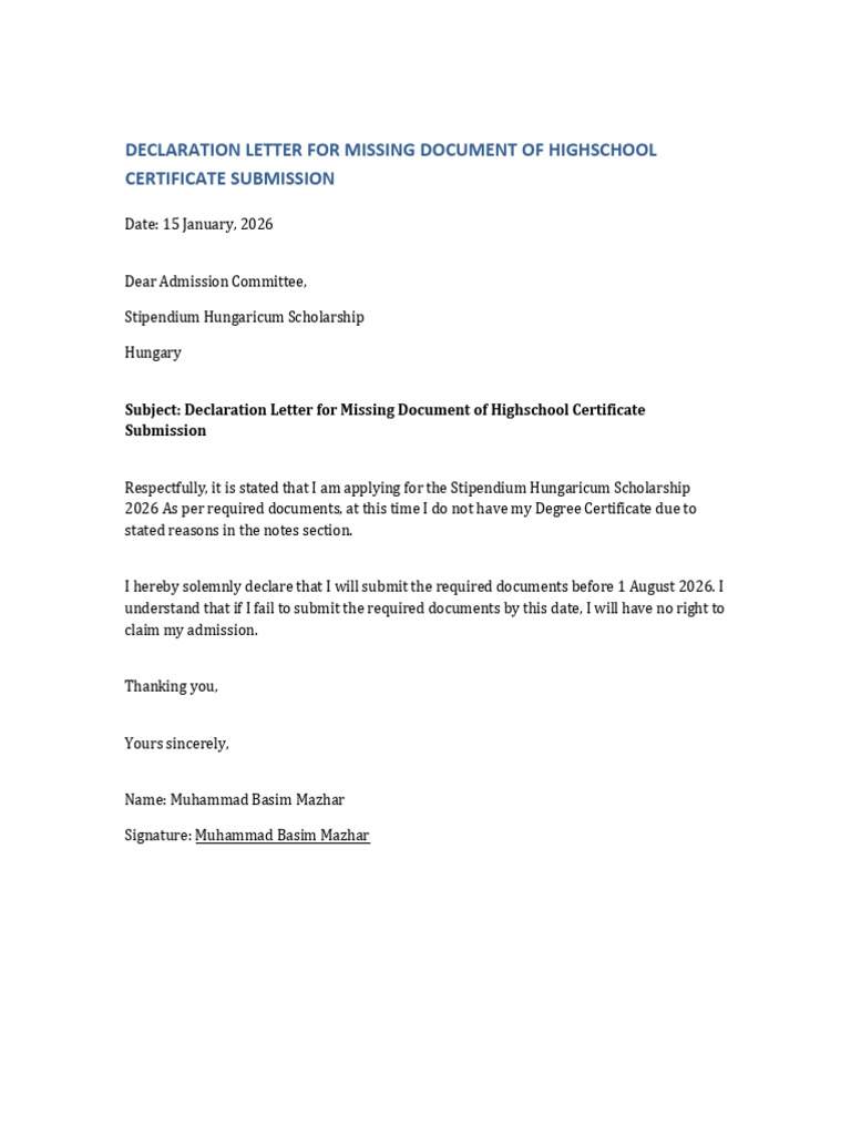 Declaration Letter Missing Document HS Cert | PDF
