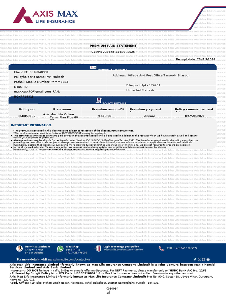 Premium Paid Statement: Personal Details | PDF | Insurance | Life Insurance