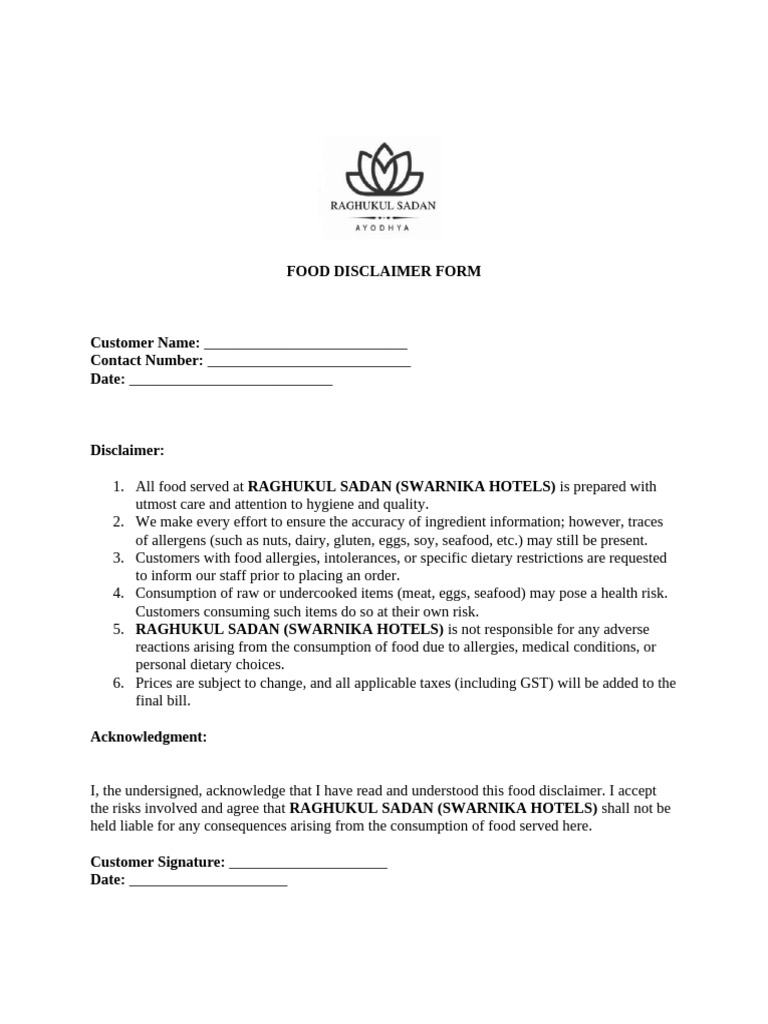 Food Disclaimer Form | PDF