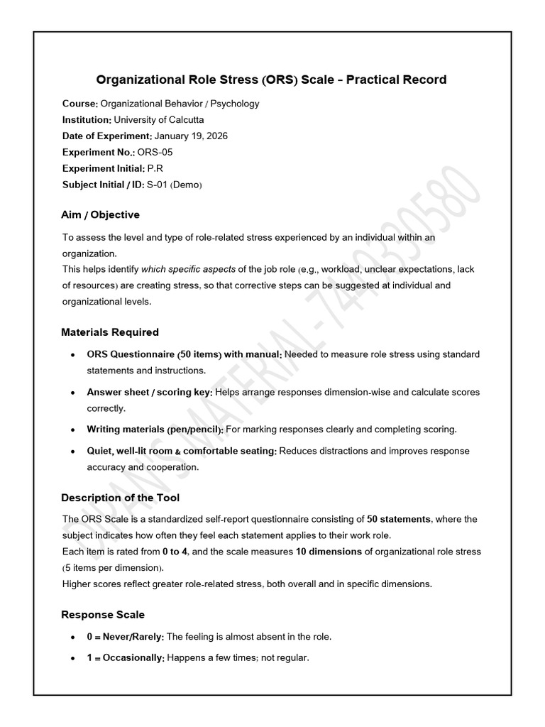 Organizational Role Stress (ORS) Scale - Practical Record | PDF ...